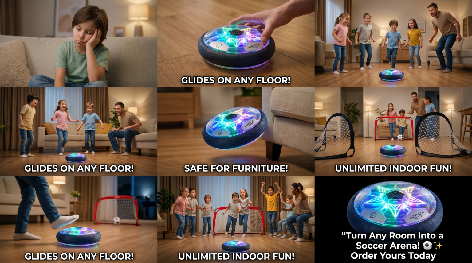 product reshoot start with a bored child sitting indoors then reveal the glowing hover soccer bal